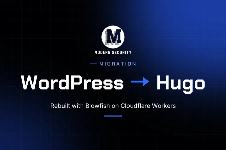 Modern Security logo with the text WordPress to Hugo, rebuilt with Blowfish on Cloudflare Workers