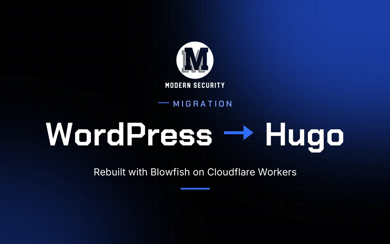 Modern Security logo with the text WordPress to Hugo, rebuilt with Blowfish on Cloudflare Workers